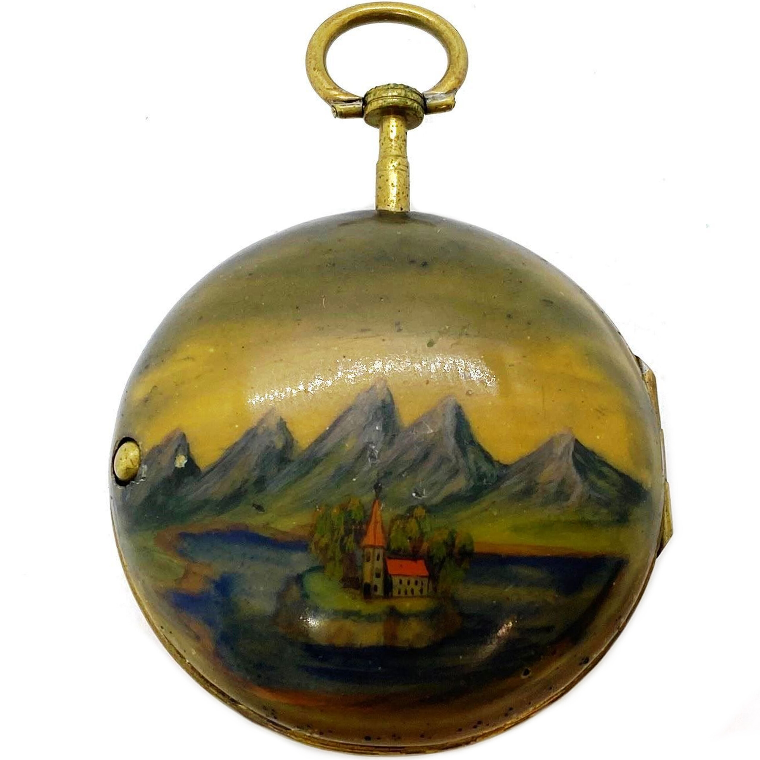 Ancient Enameled Painted Verge Fusee Pocket Watch With Painted Dial